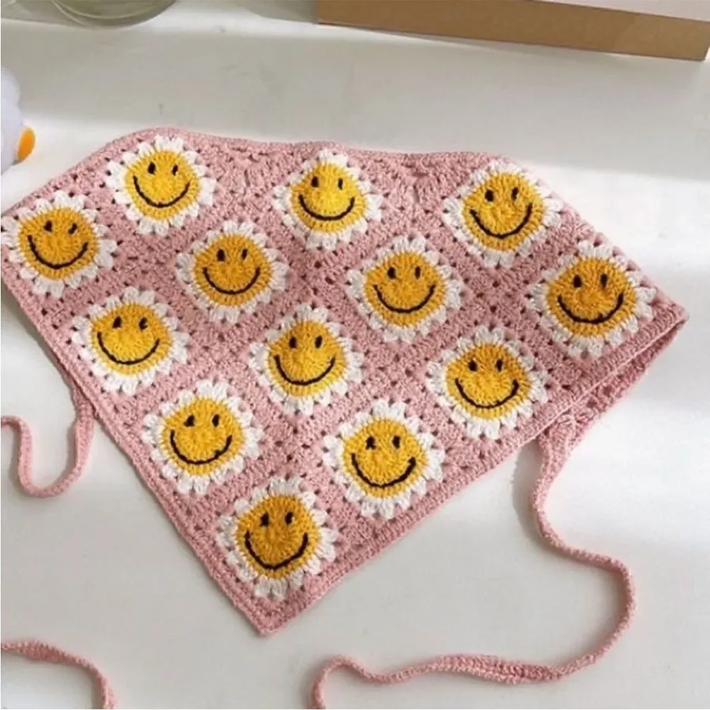 Crochet Triangle Smiley Face Headscarf Bandana in Pink, White & Yellow